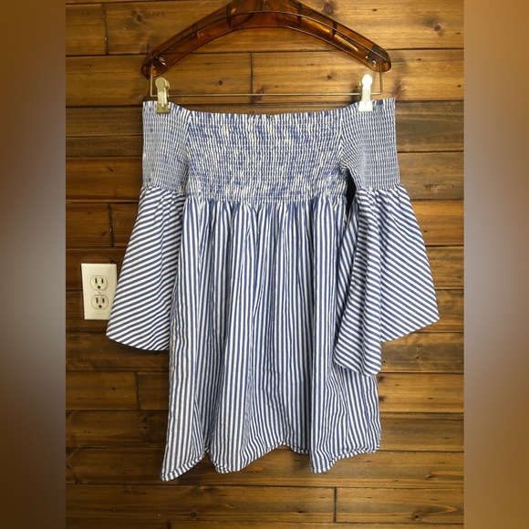 Zara Woman Off Shoulder Shirred Tunic or Mini Dress | blue, white | size small - Picture 4 of 7